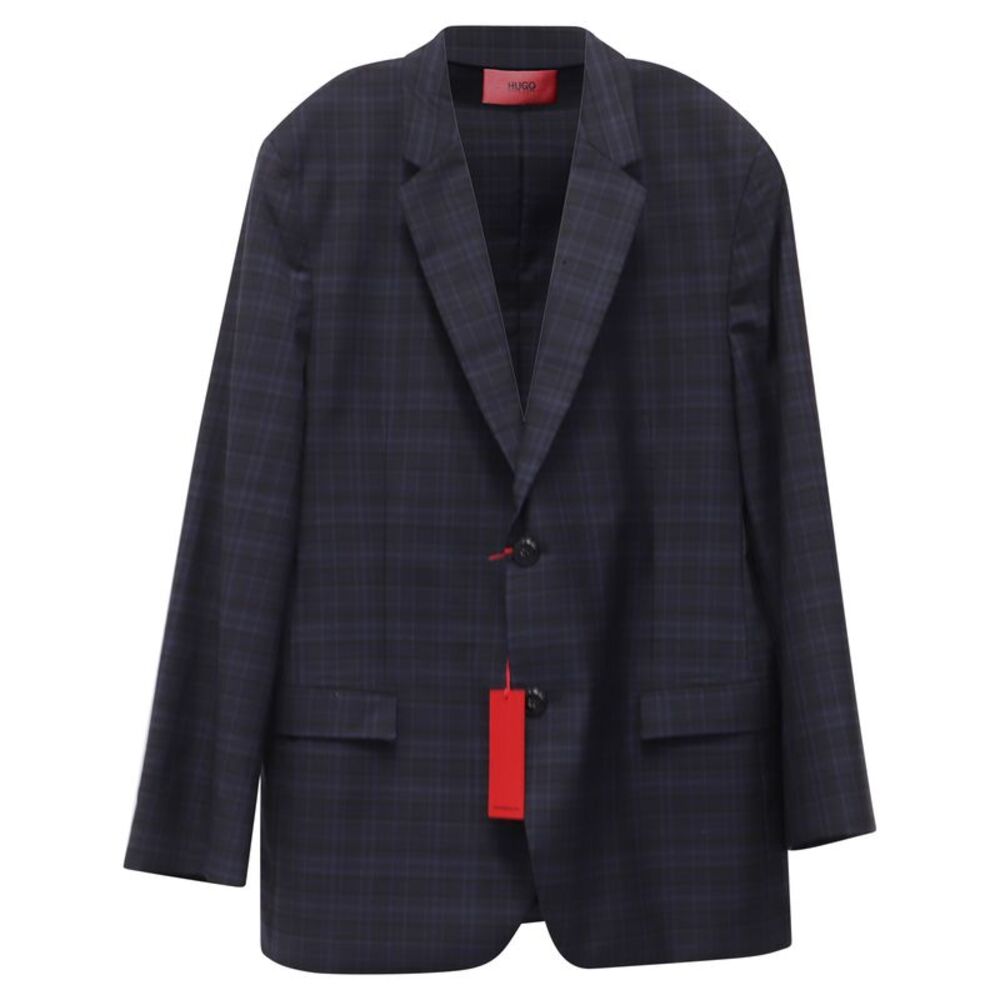 Hugo Boss Plaid Suit Jacket Blazer in Navy Blue Wool